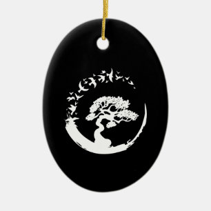bonsai tree japanese enso circle birds long sleeve ceramic ornament