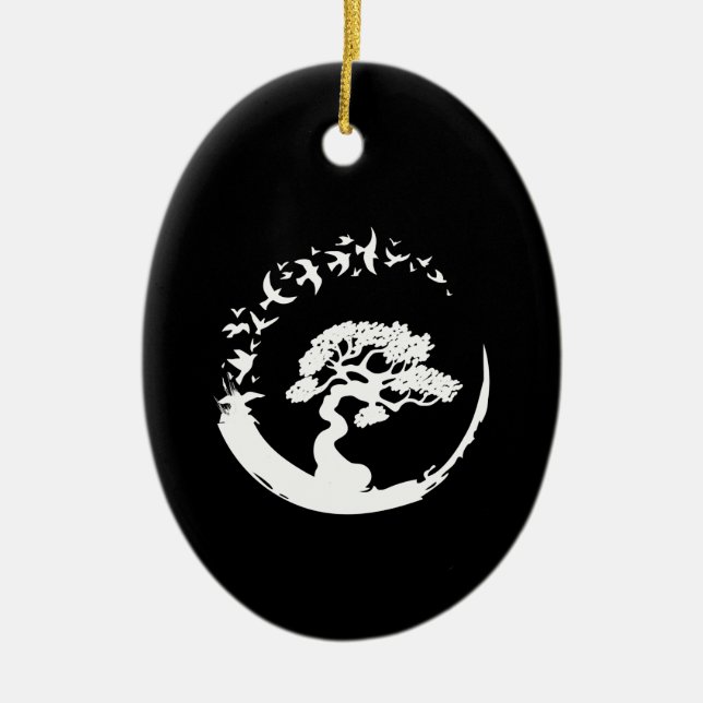 bonsai tree japanese enso circle birds long sleeve ceramic ornament (Front)