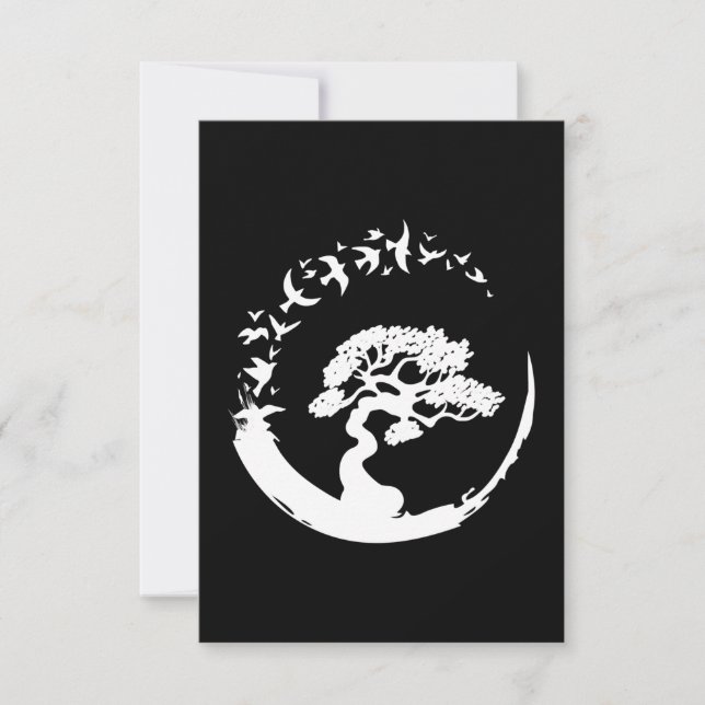 bonsai tree japanese enso circle birds long sleeve thank you card (Front)