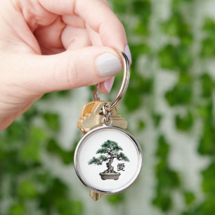 Bonsai Tree Sumi-e Style Japanese Love Calligraphy Keychain