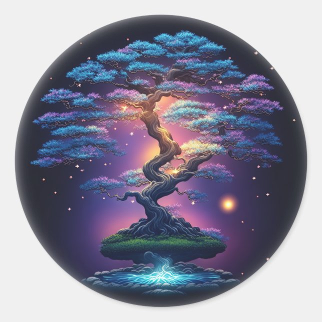 Bonsai tree with glowing and enchanting elements classic round sticker (Front)