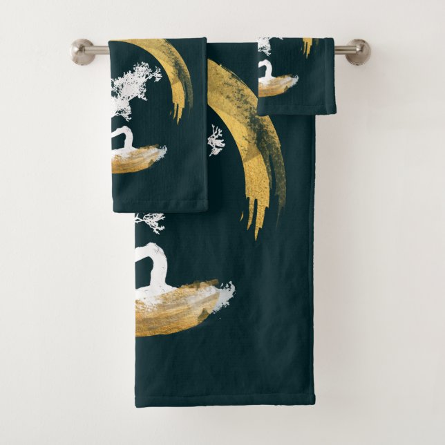 Bonsai Tree. Zen Enso Circle. Feng Shui Calligraph Bath Towel Set (Insitu)