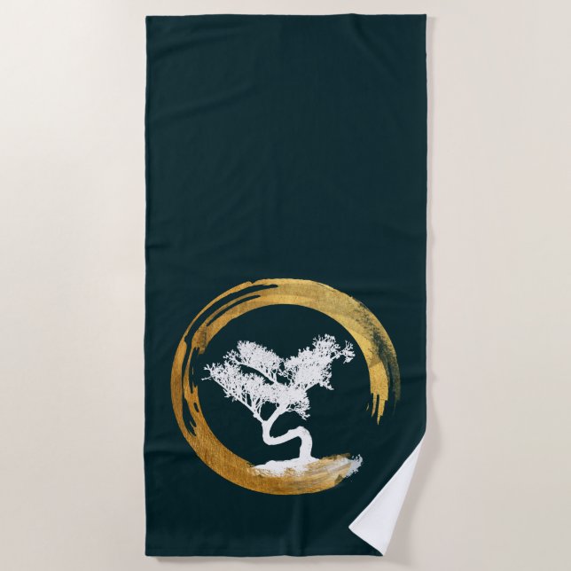 Bonsai Tree. Zen Enso Circle. Feng Shui Calligraph Beach Towel (Front)