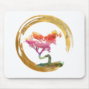 Bonsai Tree. Zen Enso Circle. Watercolor Art Mouse Pad