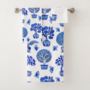 Bonsai Trees Pattern in Cobalt Blue and White Bath Towel Set