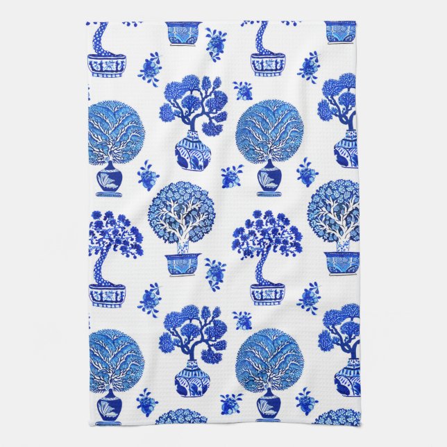 Bonsai Trees Pattern in Cobalt Blue and White Kitchen Towel (Vertical)