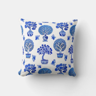 Bonsai Trees Pattern in Cobalt Blue and White Throw Pillow