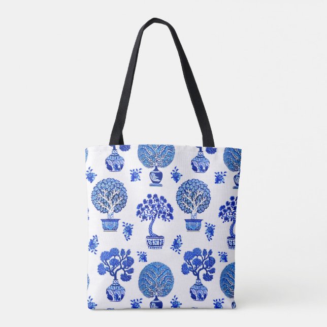 Bonsai Trees Pattern in Cobalt Blue and White Tote Bag (Back)