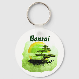 Bonsai Vintage Graphic , Green Version with text Keychain