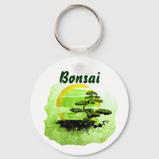 Bonsai Vintage Graphic , Green Version with text Keychain