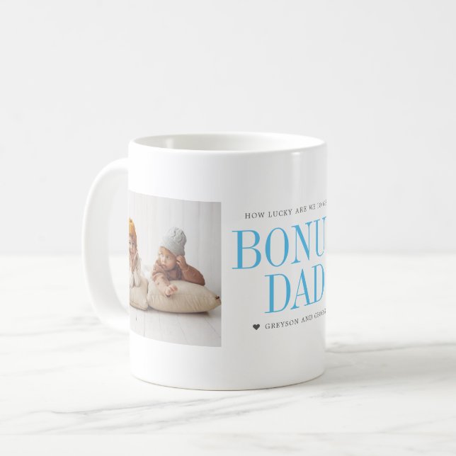 "Bonus Dad" Step Dad | Two Photo Collage Coffee Mug (Front Left)