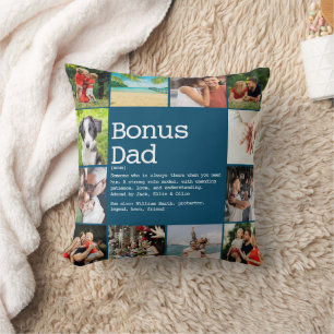 Bonus Dad Stepdad Definition Photo Collage Blue Throw Pillow
