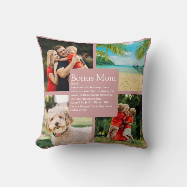 Bonus Mom Definition 4 Photo Blush Pink Throw Pillow (Front)