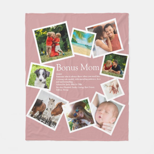 Bonus Mom Definition 9 Photo Collage Blush Pink Fleece Blanket (Front)