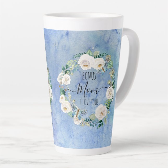 Bonus Mom I Love You Blue White Boho Floral Wreath Latte Mug (Right Angle)