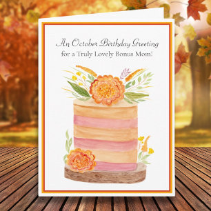 Bonus Mom October Birthday with Marigolds on Cake Card