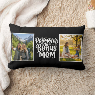 Bonus Mom Promoted Brush Script Double Photo Black Lumbar Pillow