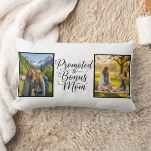 Bonus Mom Promoted Elegant Cursive Double Photo Lumbar Pillow