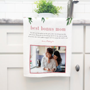 "Bonus Mom" Step Mom   Floral Photo Tea Towel