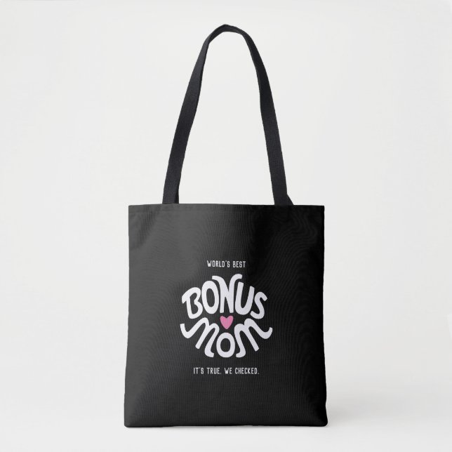 Bonus Mom White & Pink Design on Black Tote Bag (Front)