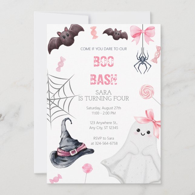 Boo Bash Pink Halloween  Birthday for Girls Invitation (Front)