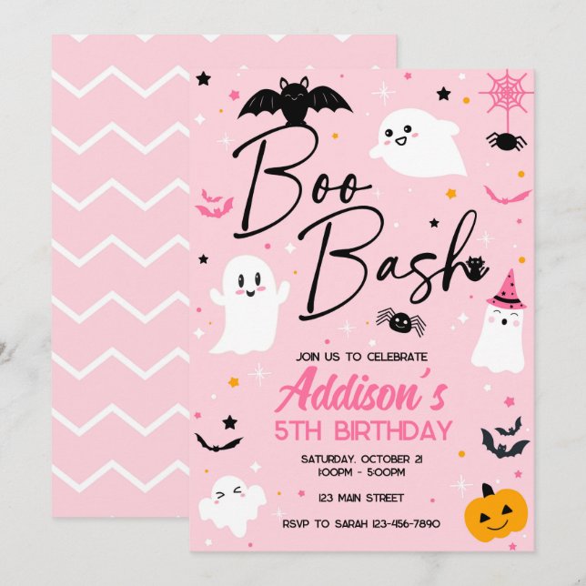 Boo Bash Pink Halloween Ghost Birthday Invitation (Front/Back)
