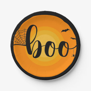 Boo bats spider web typography halloween party paper plate