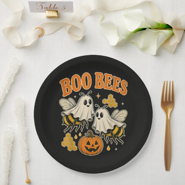 Boo Bees Funny Ghost Bee Pun Cute Halloween Paper Plate (Wedding)