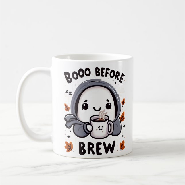 Boo Before Brew Ghost Coffee Funny Halloween Coffee Mug (Left)