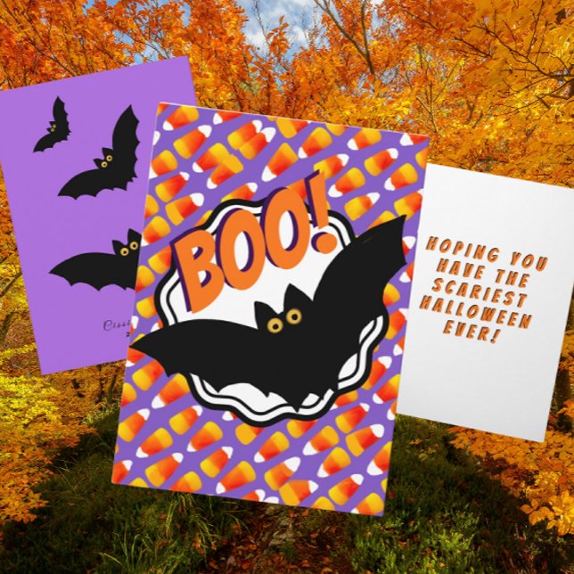 Boo Black Bats Candy Corn Customized Halloween  Card (Super fun Halloween card. Personalize it!)