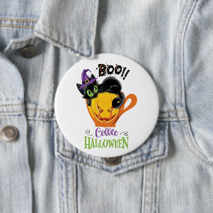 Boo Black Cat, Scary Pumpkin Coffee Halloween 4 Inch Round Button