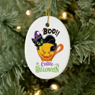 Boo Black Cat, Scary Pumpkin Coffee Halloween Ceramic Ornament