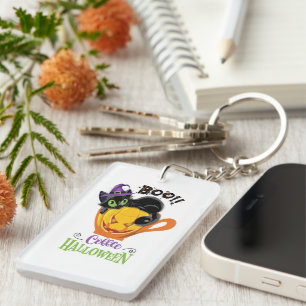 Boo Black Cat, Scary Pumpkin Coffee Halloween Keychain