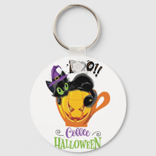 Boo Black Cat, Scary Pumpkin Coffee Halloween Keychain