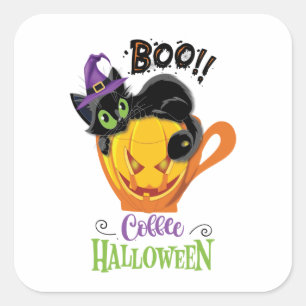 Boo Black Cat, Scary Pumpkin Coffee Halloween Square Sticker
