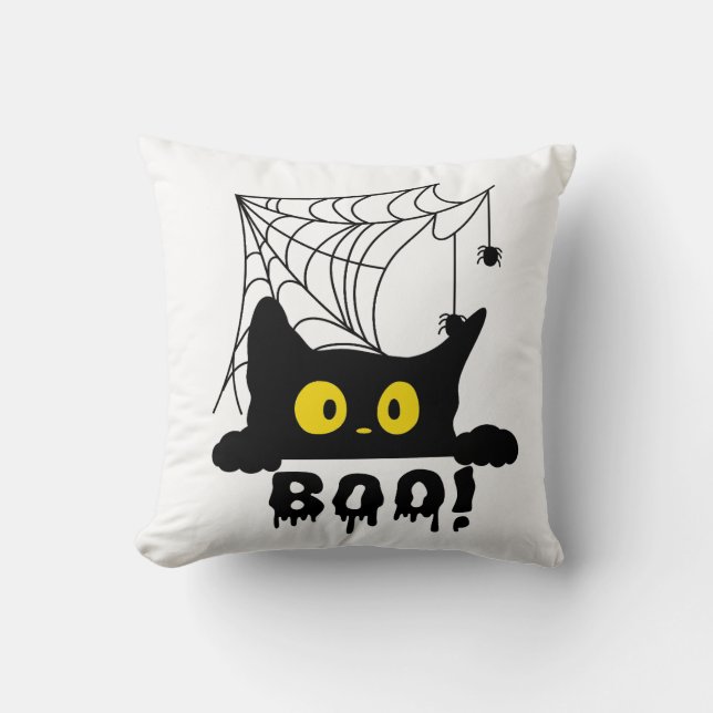 Boo Black Cat Spiderweb Throw Pillow (Front)