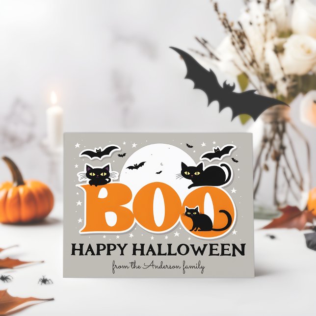 Boo Black Cats and Bats Happy Carte postale Hallow (🦇🎃 Spooky Delights: Personalized Halloween Postcard! 👻)