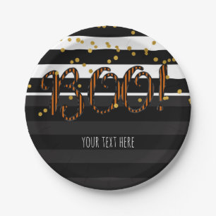Boo! Black & Orange White Gold Halloween Party Paper Plate