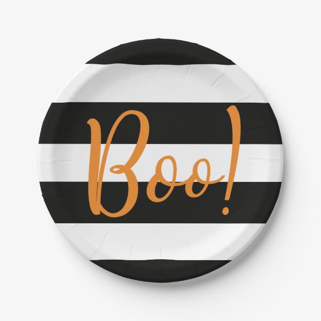 Boo! Black Stripe Halloween Paper Plates (Front)