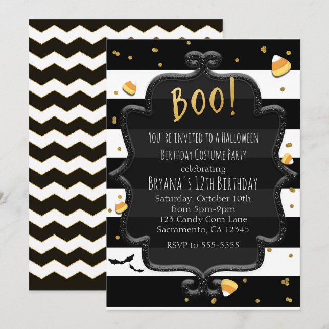 BOO! Black & White Striped Candy Corn Halloween Invitation (Front/Back)