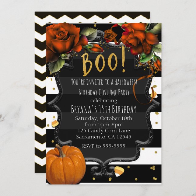 BOO! Black White Striped Roses & Pumpkin Halloween Invitation (Front/Back)
