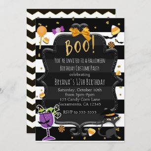 BOO! Black & White Stripes Halloween Candy Party Invitation