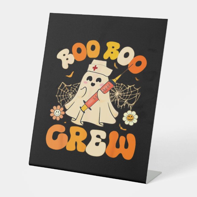 Boo Boo Crew Funny Ghost For Nurse, Retro Hallowee Pedestal Sign (Front)