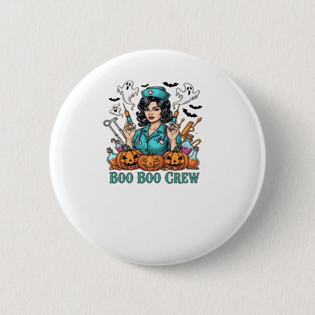 Boo Boo Crew Halloween Nurse with Syringes and Pum 2 Inch Round Button (Front)