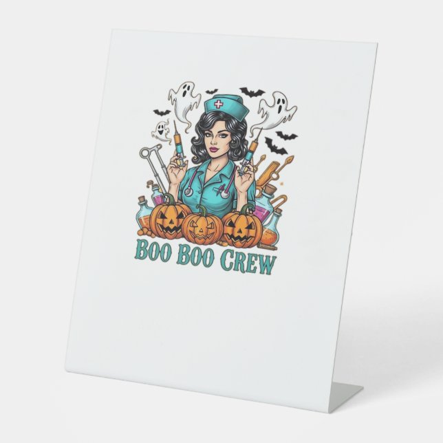 Boo Boo Crew Halloween Nurse with Syringes and Pum Pedestal Sign (Front)