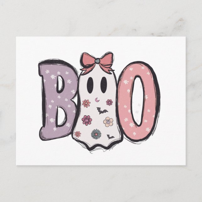 BOO Bubble letters Ghost & Pretty Pastel Halloween Holiday Postcard (Front)