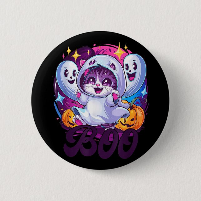Boo cat ghost  2 inch round button (Front)