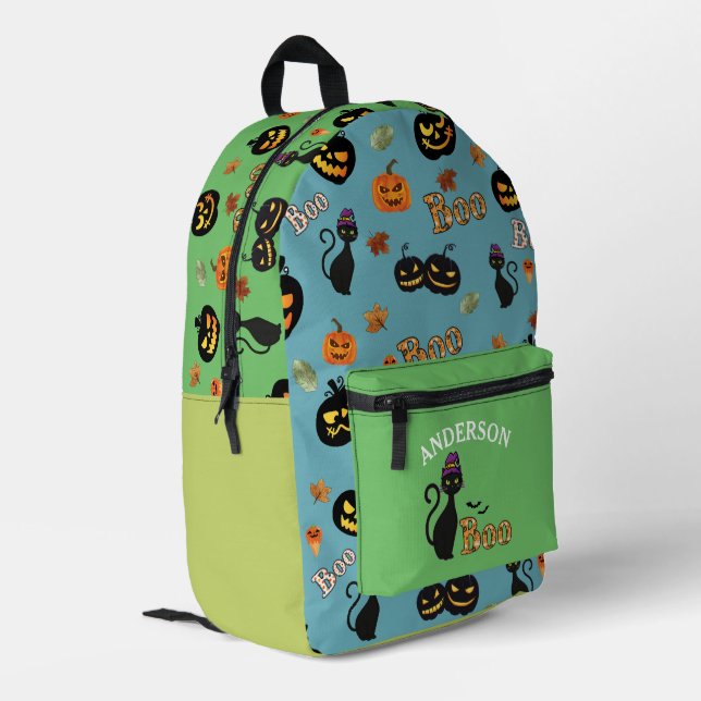 Boo Cat Halloween Pattern Personalized Name Printed Backpack (Back Corner Left)