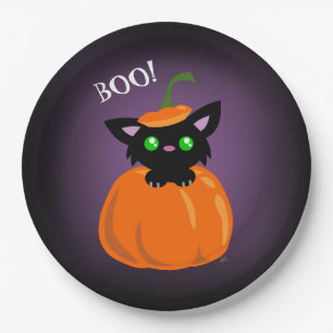 BOO! Cat in a Pumpkin Halloween Paper Plate