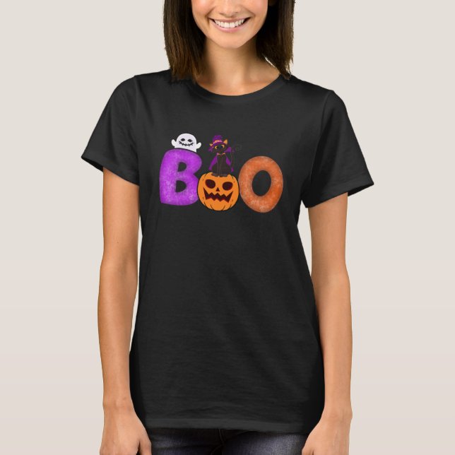 Boo Cat Pumpkin Halloween Ghost Costume Leopard T-Shirt (Front)